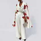 Women's Floral Print Cape Sleeve Pleated Top and Wide Leg Pants Two-Piece Set