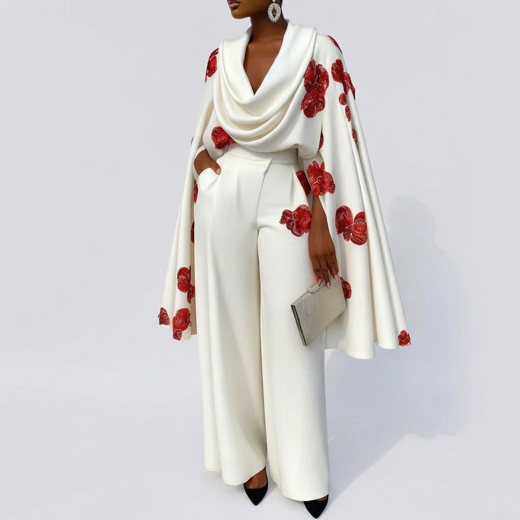 Women's Floral Print Cape Sleeve Pleated Top and Wide Leg Pants Two-Piece Set
