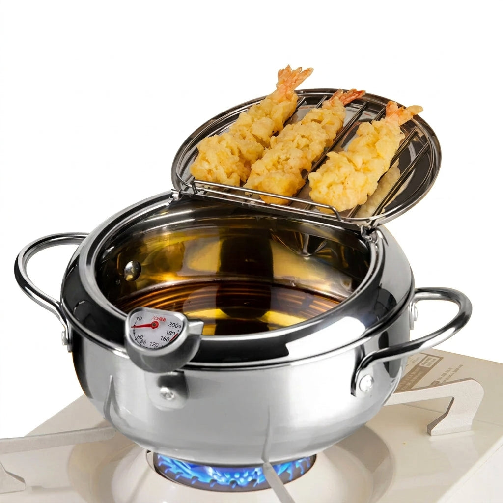 Stainless Steel Tempura Deep Fryer Pan with Thermometer and Lid