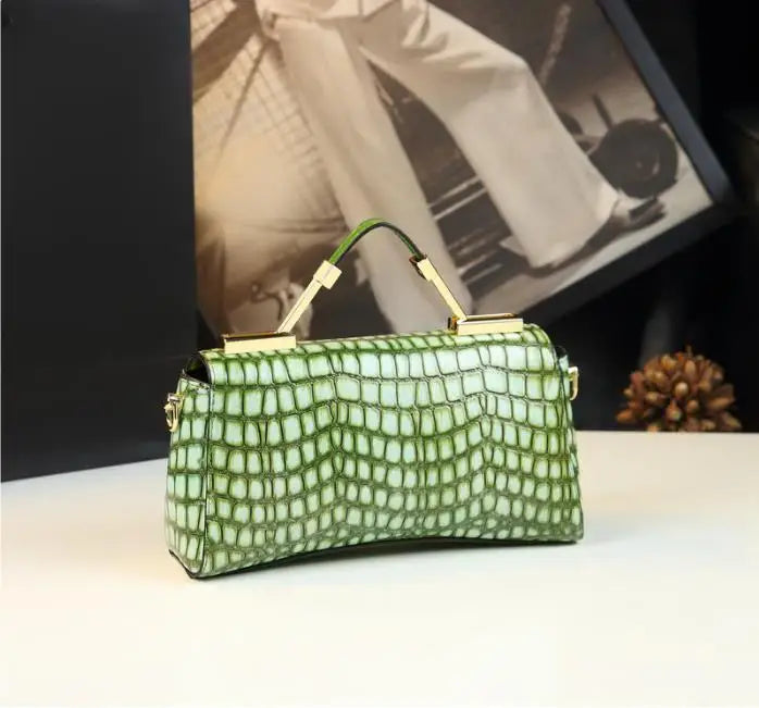 Women's Genuine Leather Crocodile Pattern Green Crossbody Shoulder Bag