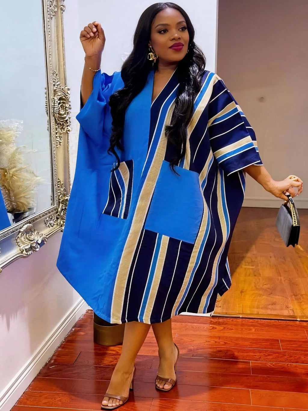Women's African Ruffle Sleeveless Kaftan Cape Wide Leg Jumpsuit AM050759