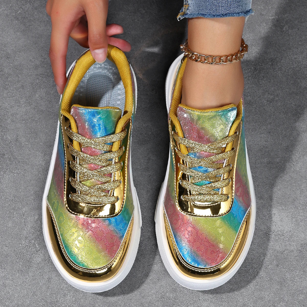 Women's Rainbow Gradient Glossy Platform Skate Sneakers