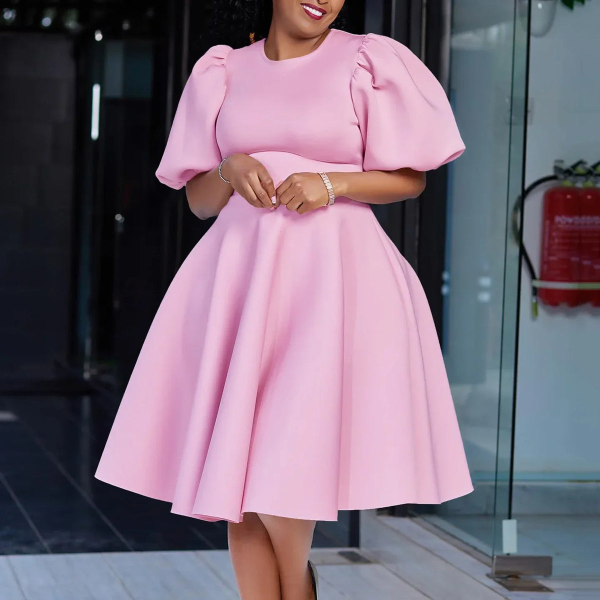 Women's High Waist Pleated O-Neck Midi Dress