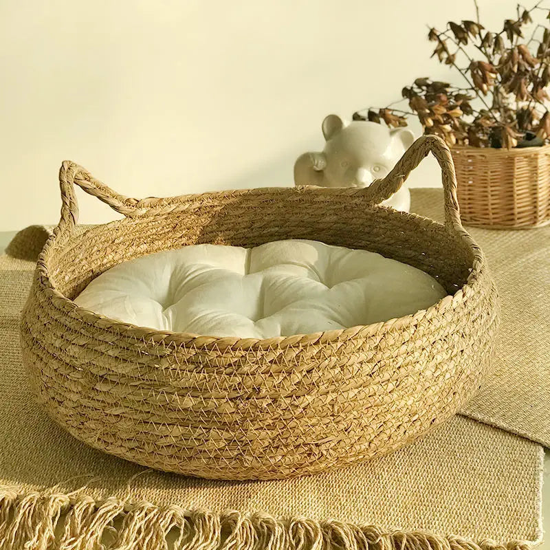 Rattan Weaving Cat Basket Bed with Cushion for Cats Dogs