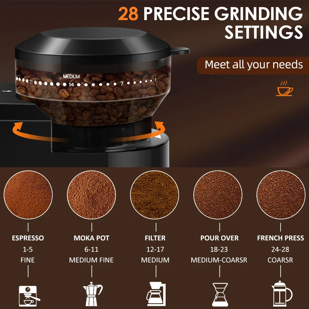 Automatic Electric Burr Coffee Grinder with 28 Adjustable Grind Settings