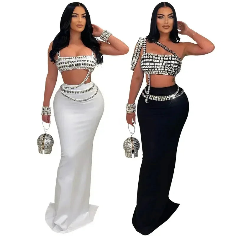 Women's Rhinestones Strapless Top and Long Skirt 2-Piece Set