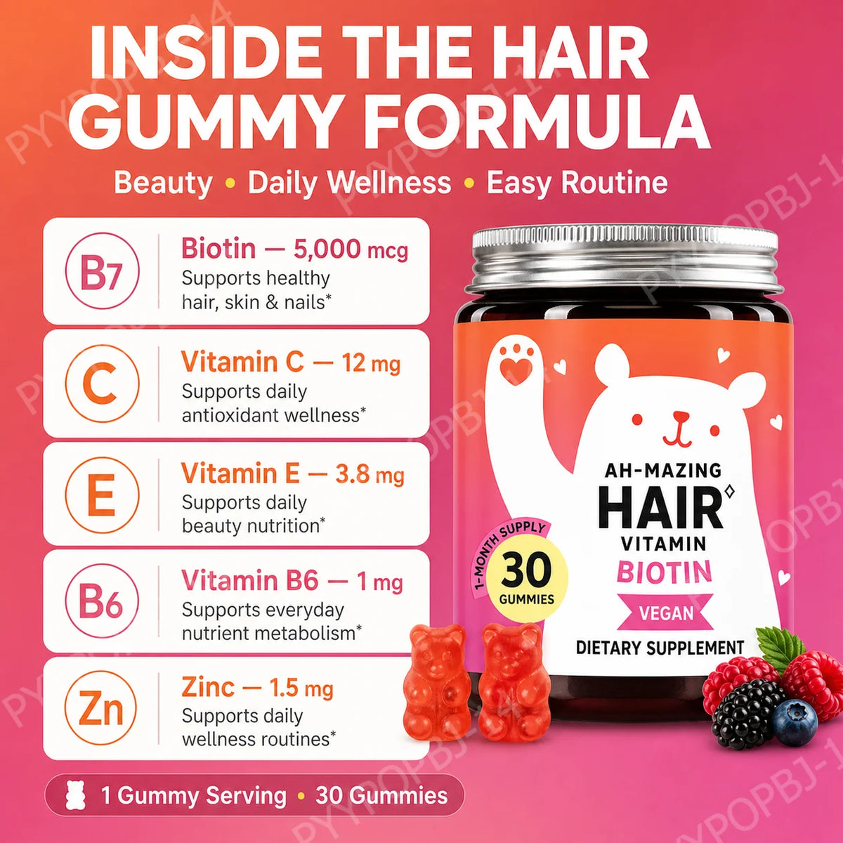 Biotin Gummies 5000 mcg Hair Skin Nails Support Vegan 30 Count