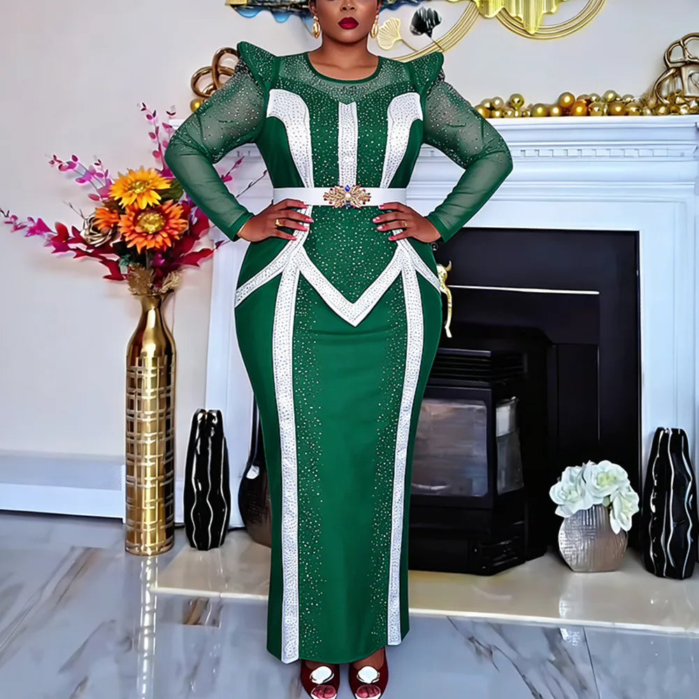 Women's African Diamond Pleated Long Evening Gown