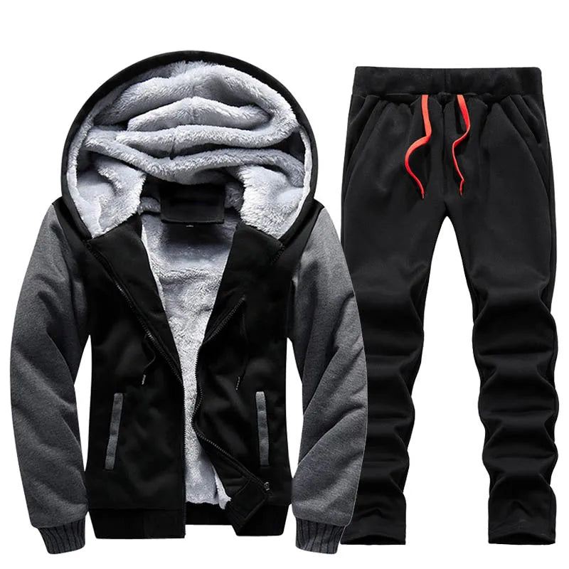 Men's Thick Warm Fleece Hooded Jacket and Pants Set