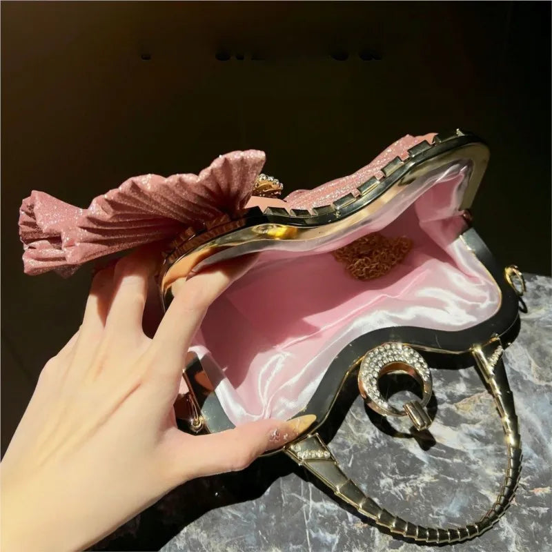 Women's Luxury Diamond Pleated Big Bow Evening Shoulder Bag