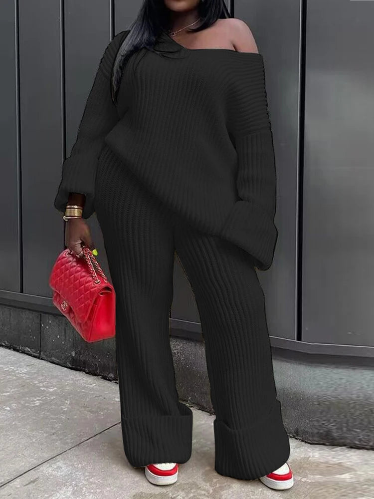 Women's Warm Knitted Sweater and Pants Two-Piece Set