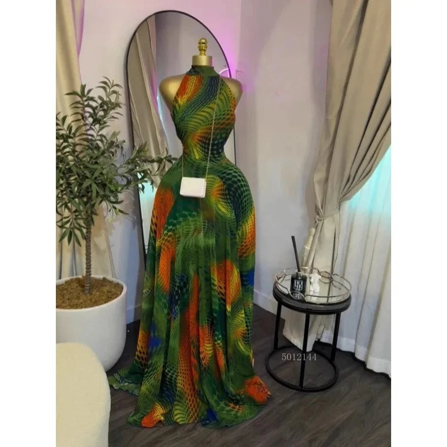 Women's Floral Print O-Neck Mermaid Maxi Dress