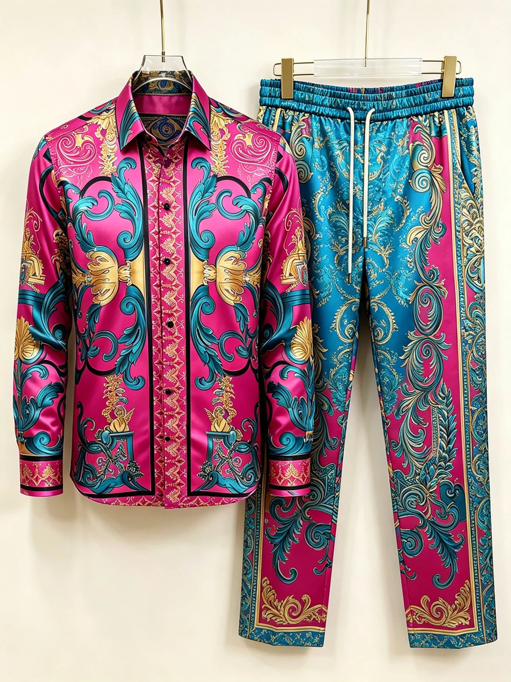 Men's Baroque Print Short Sleeve Shirt and Pants Two Piece Set
