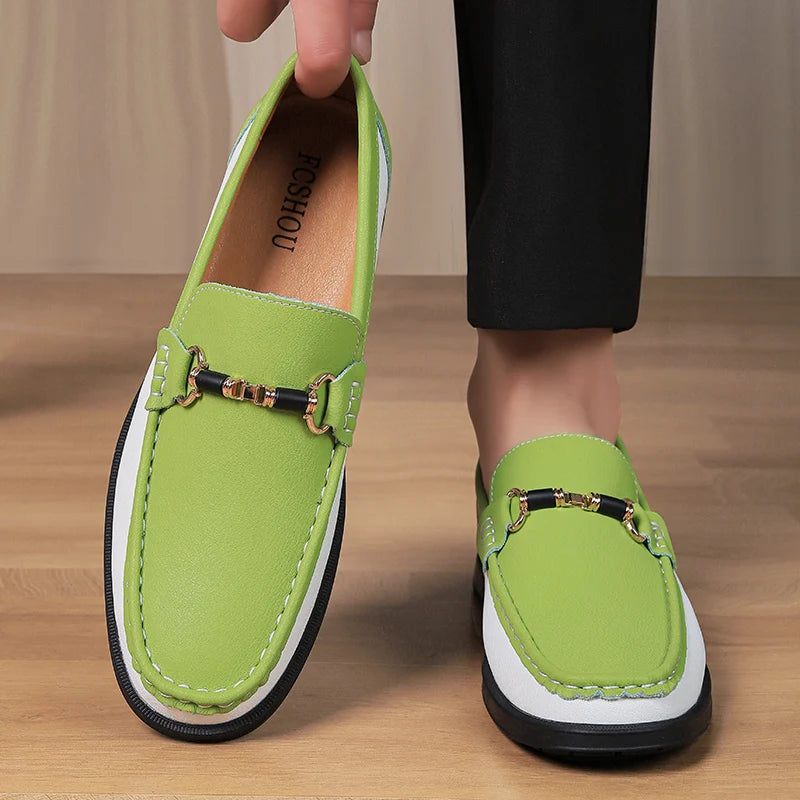 Men's Genuine Leather Slip-On Loafers with Metal Buckle