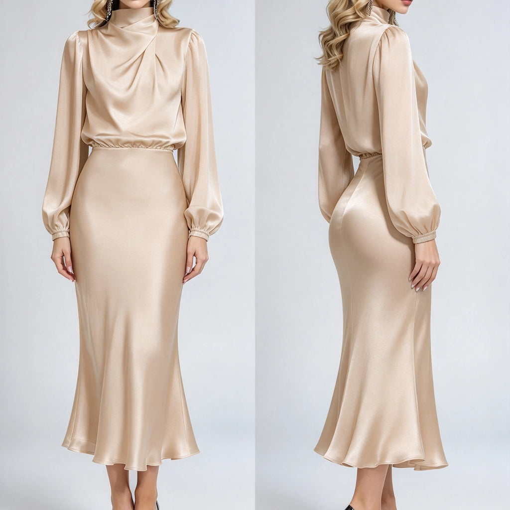 Women's Satin Turtleneck Lantern Sleeve Midi Dress