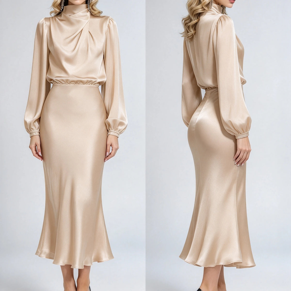 Women's Satin Turtleneck Lantern Sleeve Midi Dress
