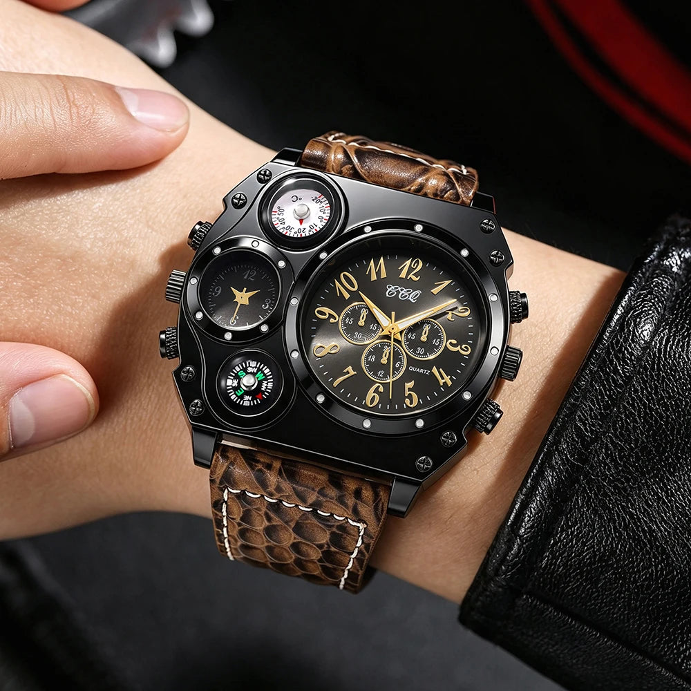 Men's Round Dial Quartz Leather Watch