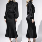 Women's Satin Turtleneck Lantern Sleeve Midi Dress