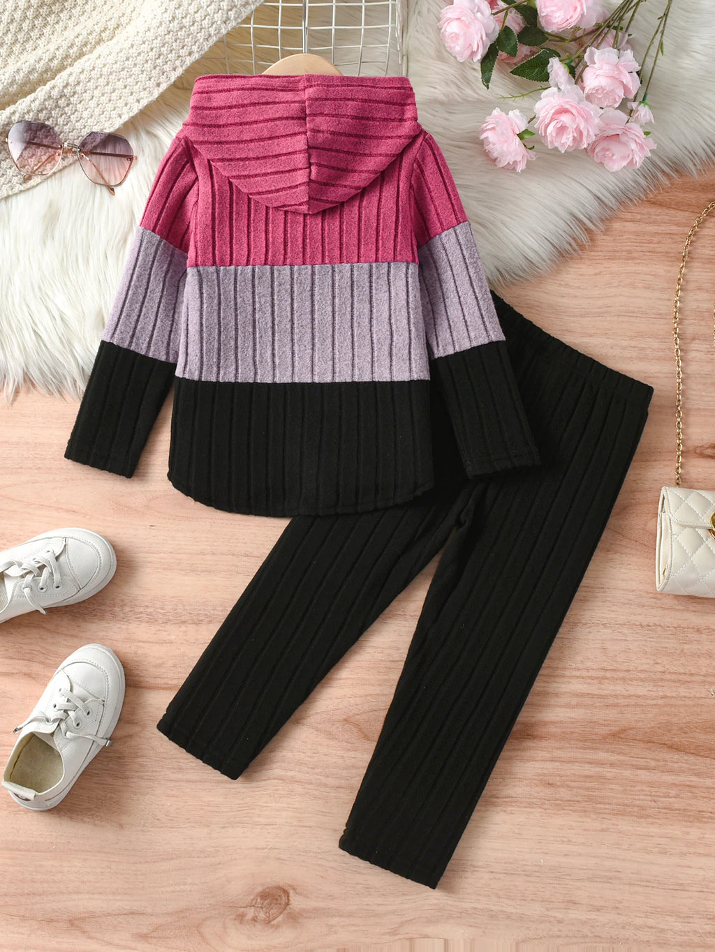 Girls' Color-Block Hooded Top and Pants 2-Piece Set