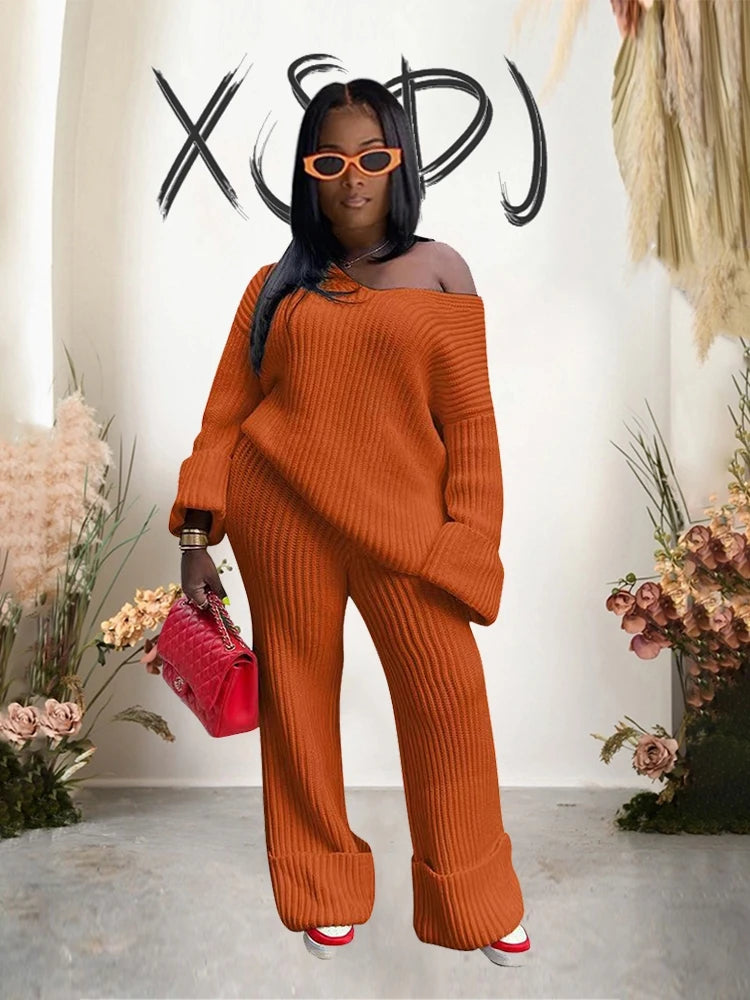 Women's Warm Knitted Sweater and Pants Two-Piece Set