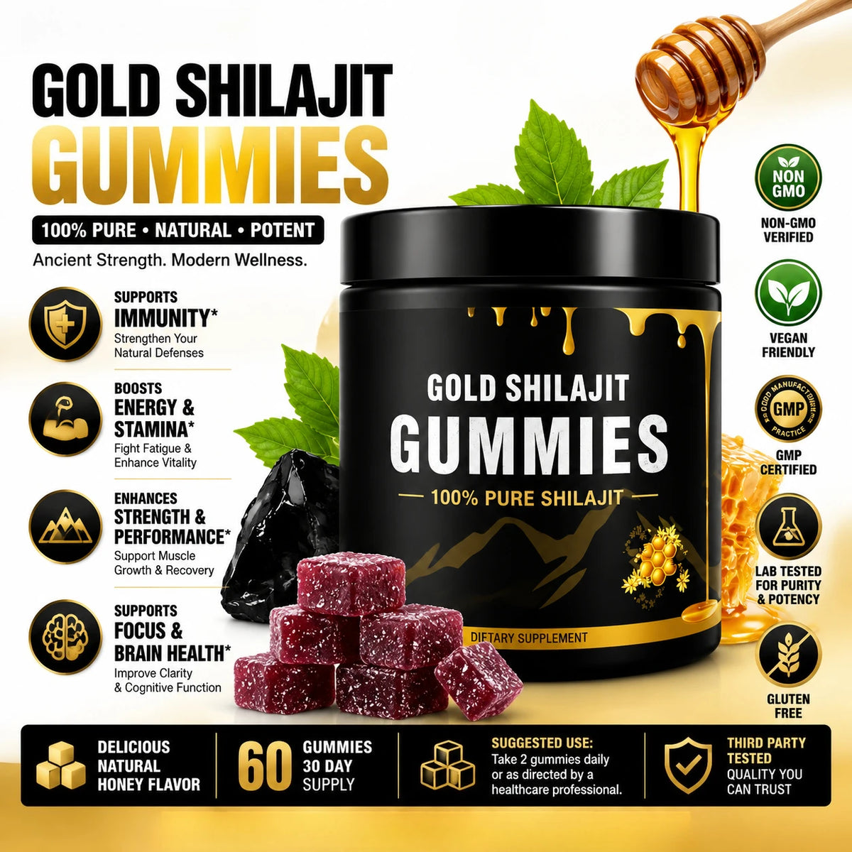 Shilajit Manuka Honey Cognitive Wellness Dietary Supplement Gummies