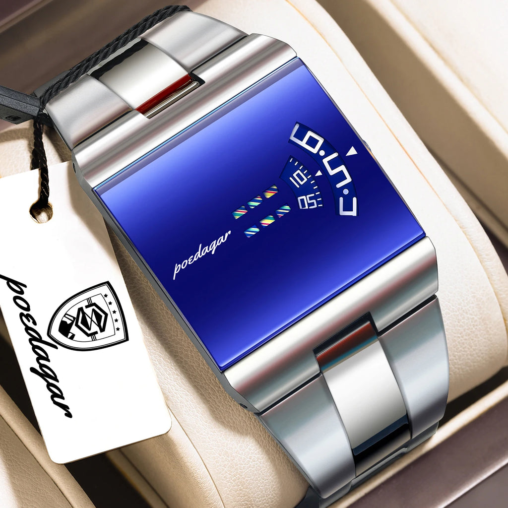 Men's Rectangle Quartz Stainless Steel Watch with Box
