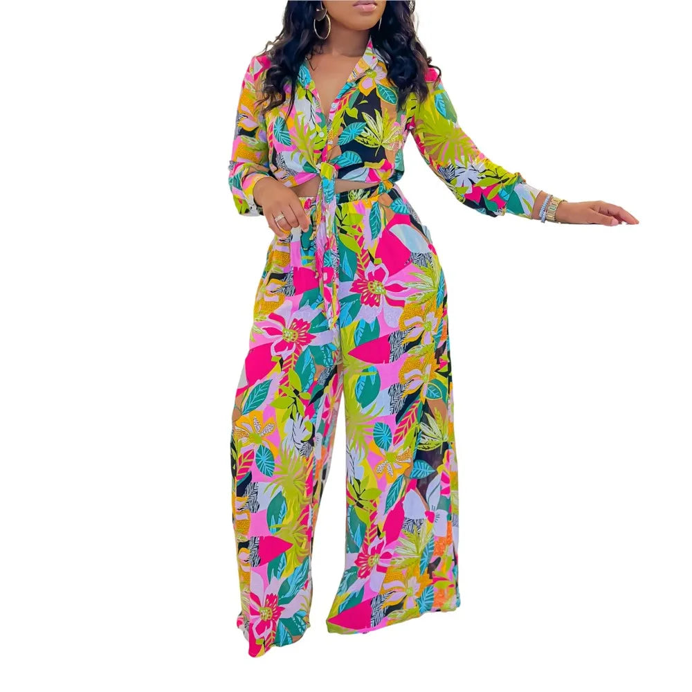 Women's Printed Long Sleeve Lace-Up Top and Straight Pants Two-Piece Set