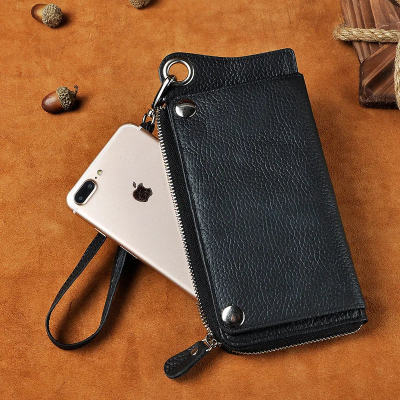 Men's Vintage Crazy Horse Genuine Leather Long Zipper Wallet
