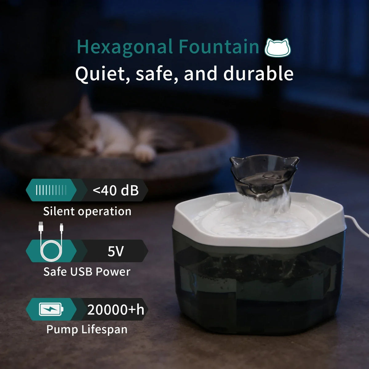 USB Powered Cat Water Fountain 1.2L Pet Dispenser