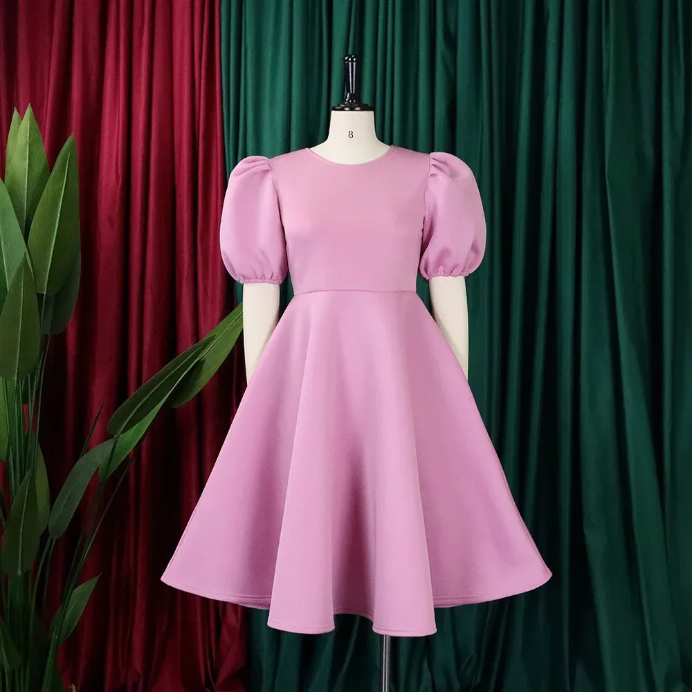 Women's High Waist Pleated O-Neck Midi Dress