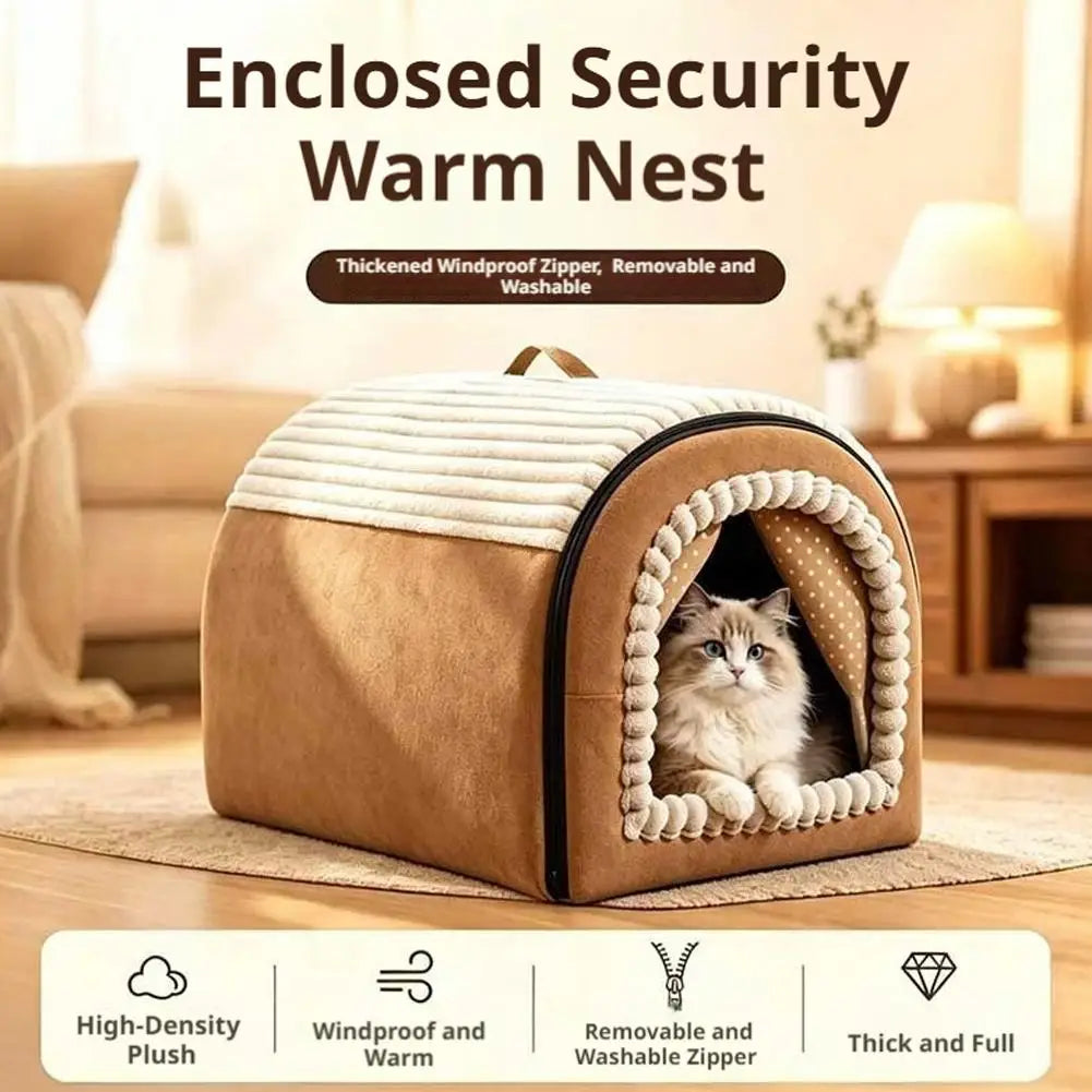 Cartoon Warm Enclosed Cat Bed Removable Washable Cushion