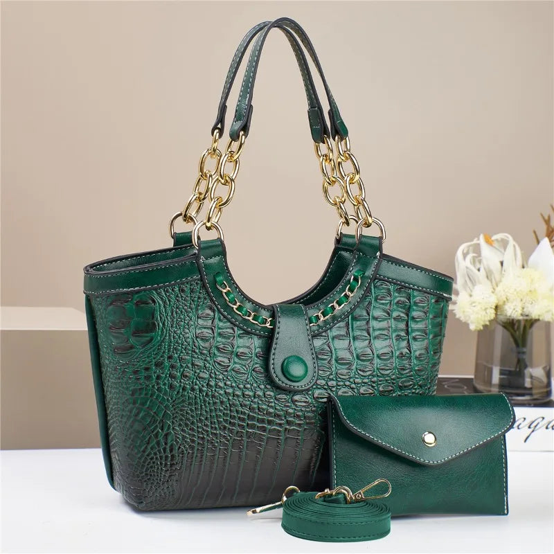 Women's Crocodile Pattern PU Leather Chain Crossbody Bag Set