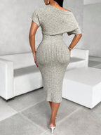 Women's Asymmetric Shoulder Textured Fabric Mid-Calf Dress