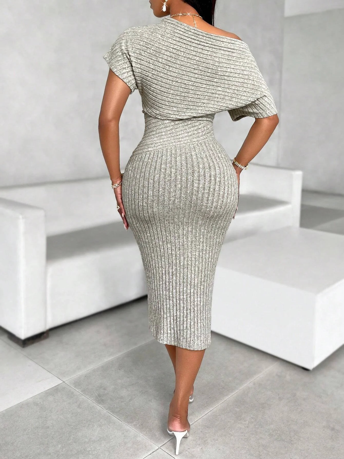 Women's Asymmetric Shoulder Textured Fabric Mid-Calf Dress