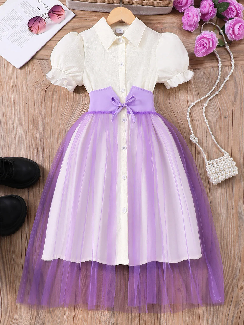 Girls' Patchwork Puff Sleeve Princess Dress with Mesh Skirt