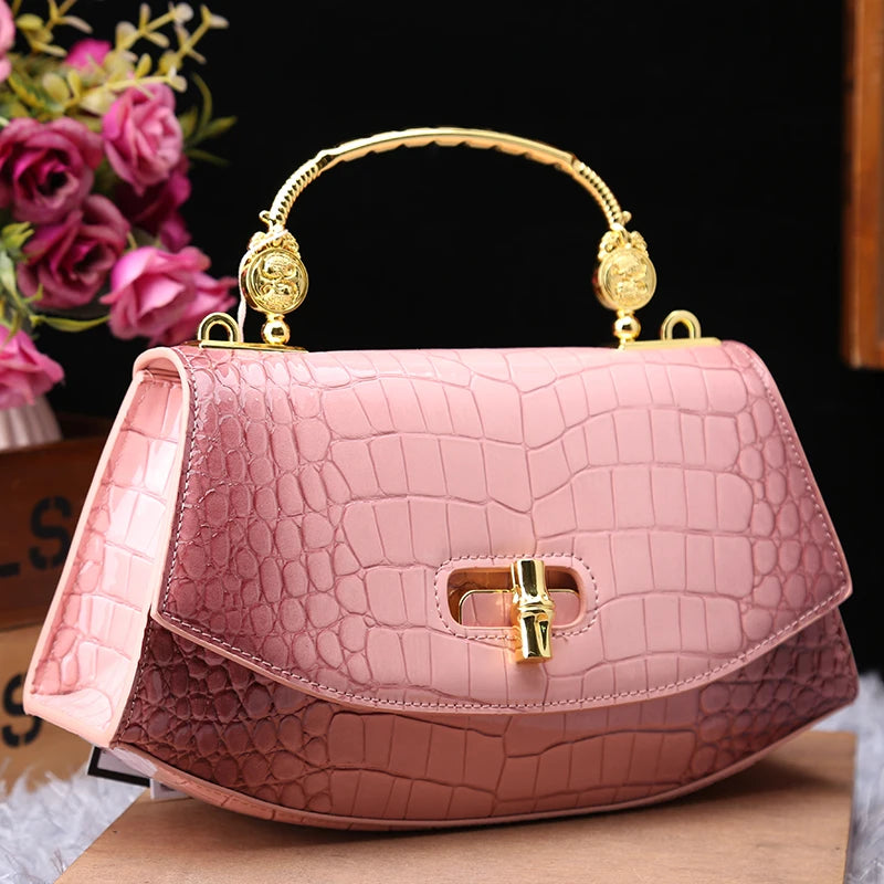 Women's Crocodile Pattern Genuine Leather Saddle Shoulder Crossbody Bag
