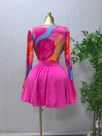 Women's Tie Dye Mesh Long Sleeve Wrap V Neck Pleated Mini Dress