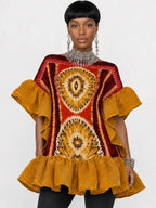Women's Flare-Sleeve Dashiki Kaftan Mini Dress