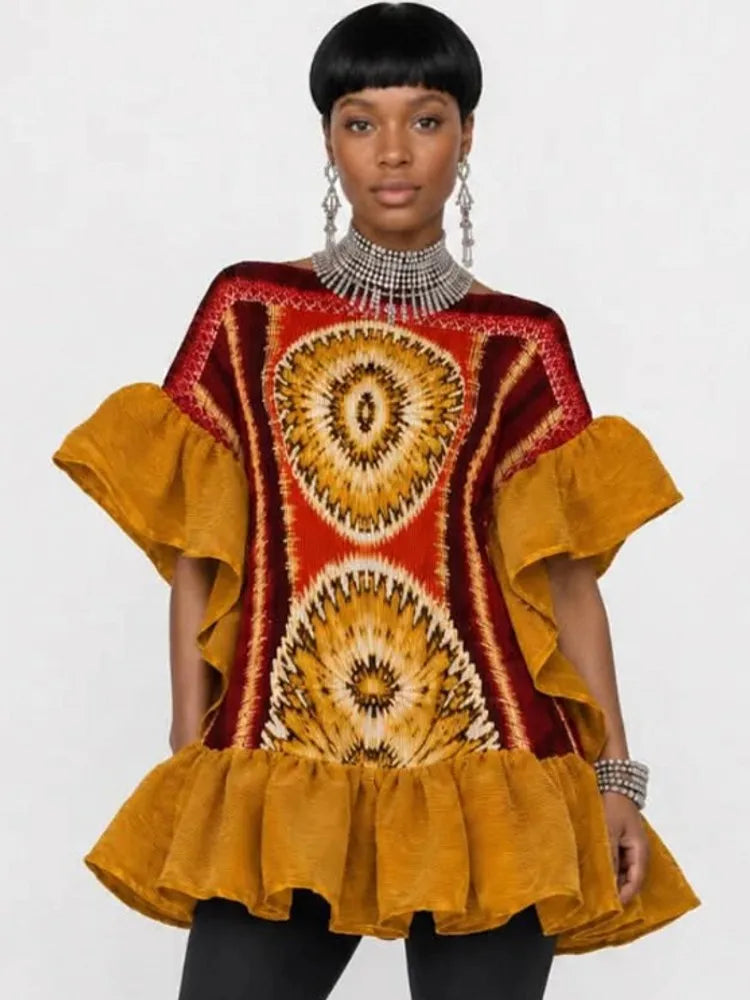 Women's Flare-Sleeve Dashiki Kaftan Mini Dress