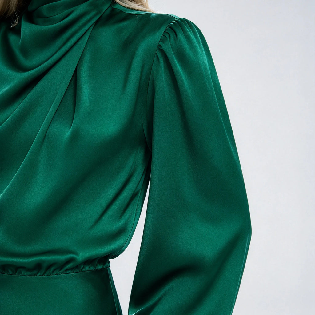 Women's Satin Turtleneck Lantern Sleeve Midi Dress