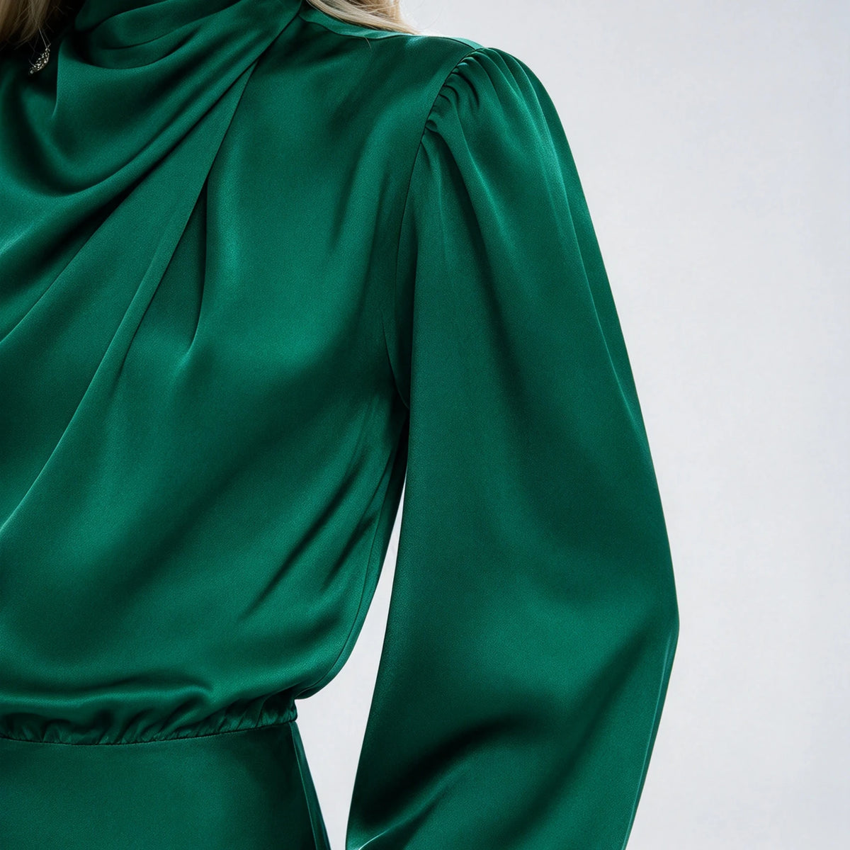 Women's Satin Turtleneck Lantern Sleeve Midi Dress