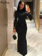 Women's Elegant Draped Long Sleeve Bodycon Maxi Dress