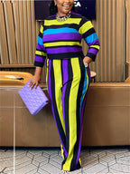 Women's Striped Crop Top and Pants Two-Piece Set 91302
