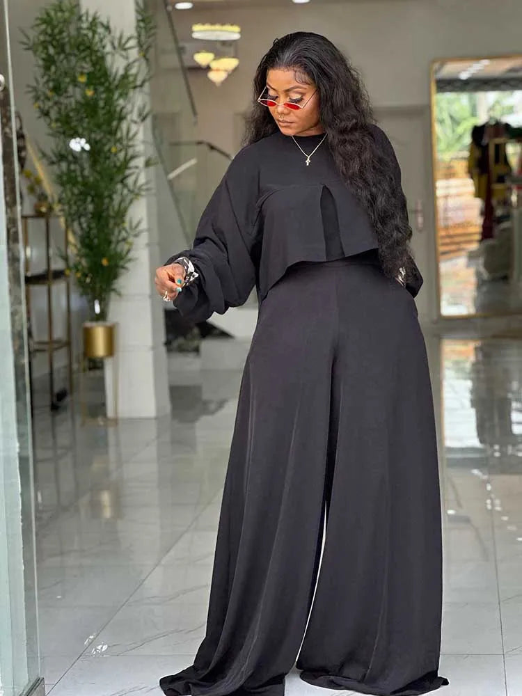 Women's Lantern Sleeve Round Neck Top and Wide Leg Pants Two-Piece Set
