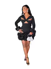 Women's V-Neck Petal Sleeve High Waist A-Line Dress