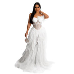 Women's Off-Shoulder Mesh Feather Floor-Length Gown