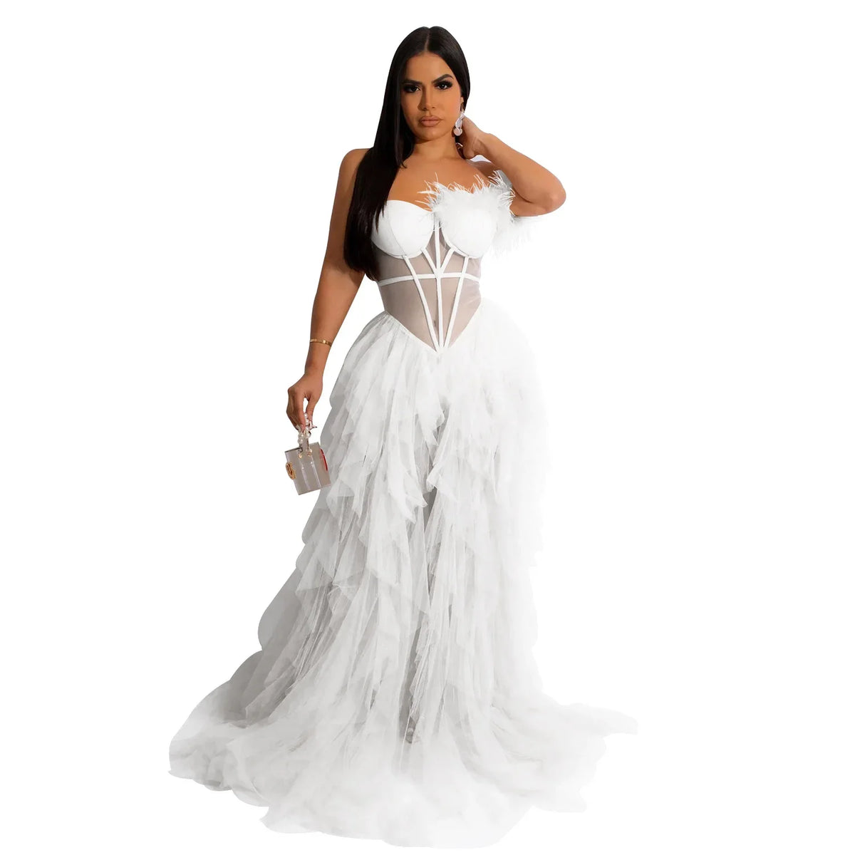 Women's Off-Shoulder Mesh Feather Floor-Length Gown