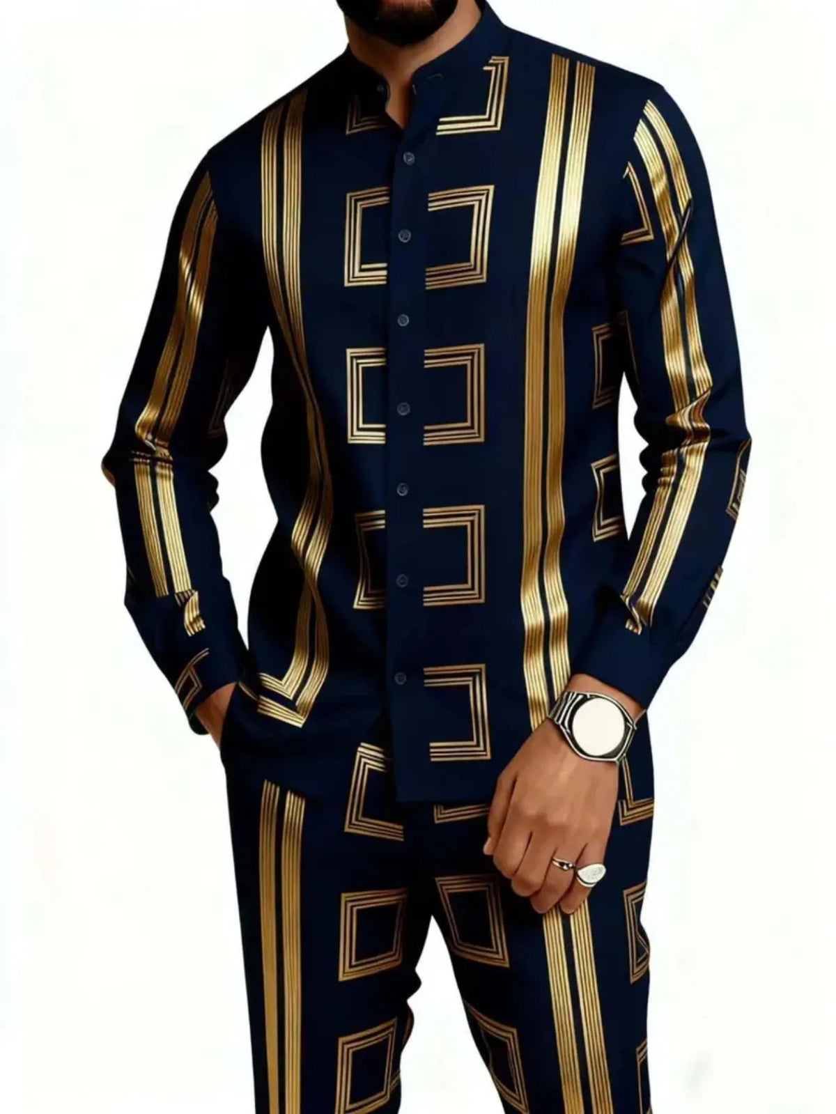 Men's Casual 3D Print Long Sleeve Shirt and Pants Set