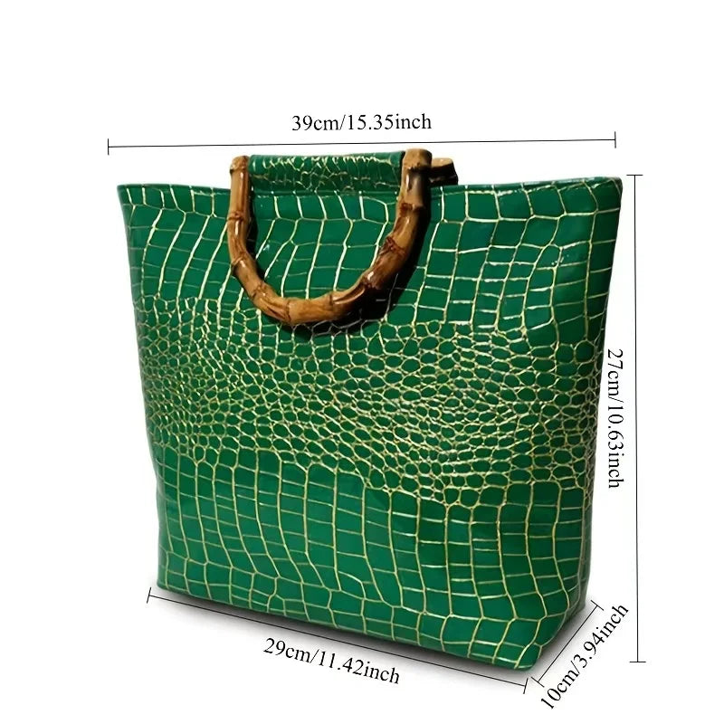 Women's Faux Leather Crocodile Pattern Emerald Green Tote Bag