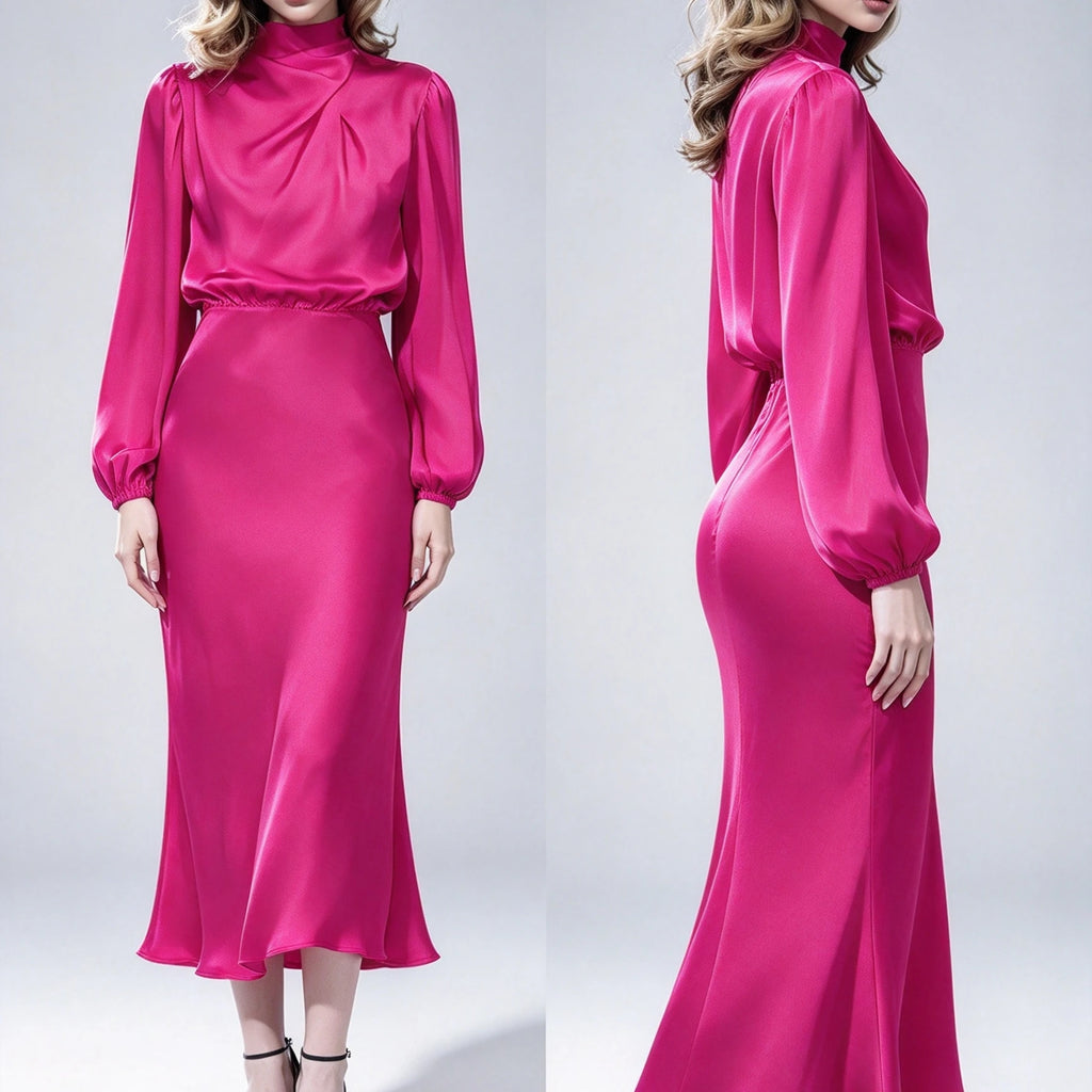 Women's Satin Turtleneck Lantern Sleeve Midi Dress